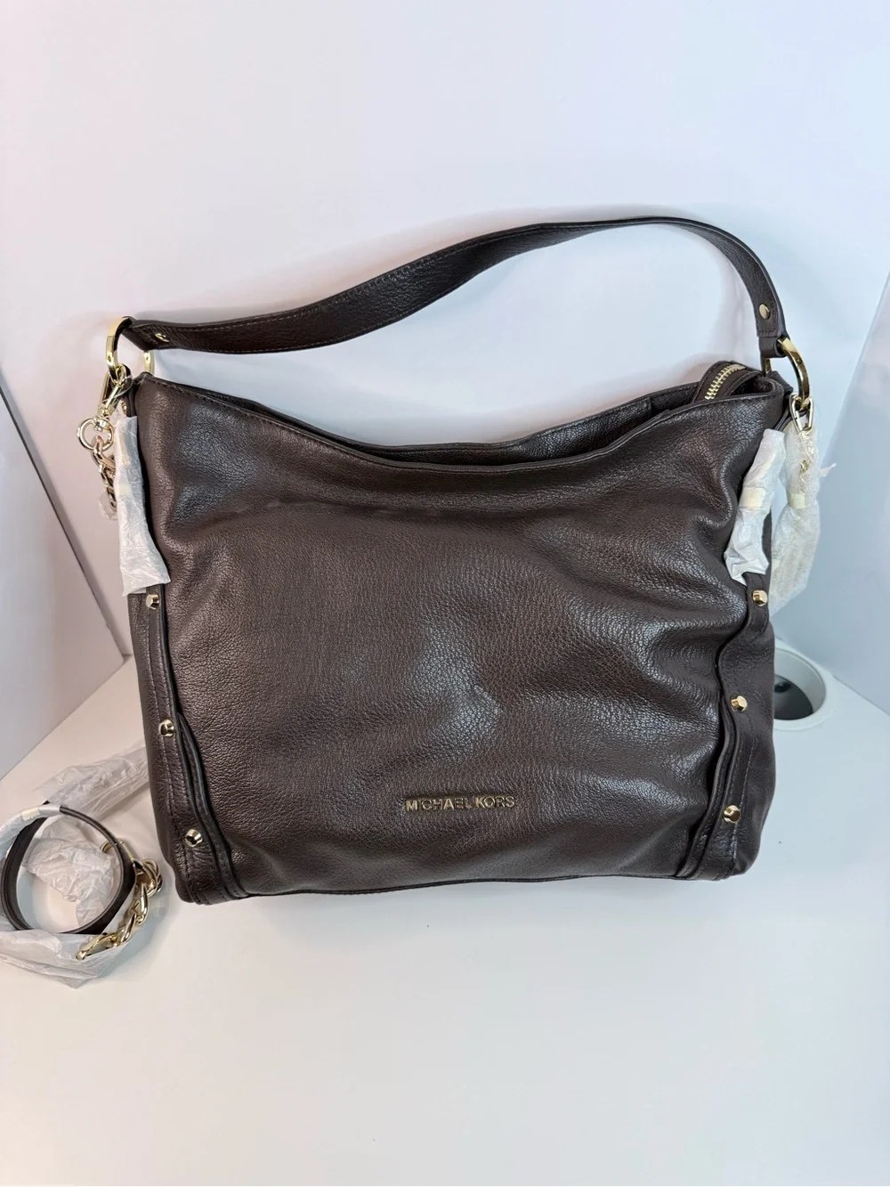 Michael Kors Dark Leigh Large Coffee Leather Convertible Shoulder Bag